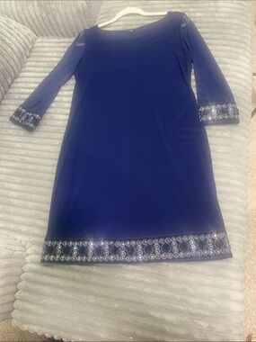 Navy Embellished Long-Sleeve Shift Dress